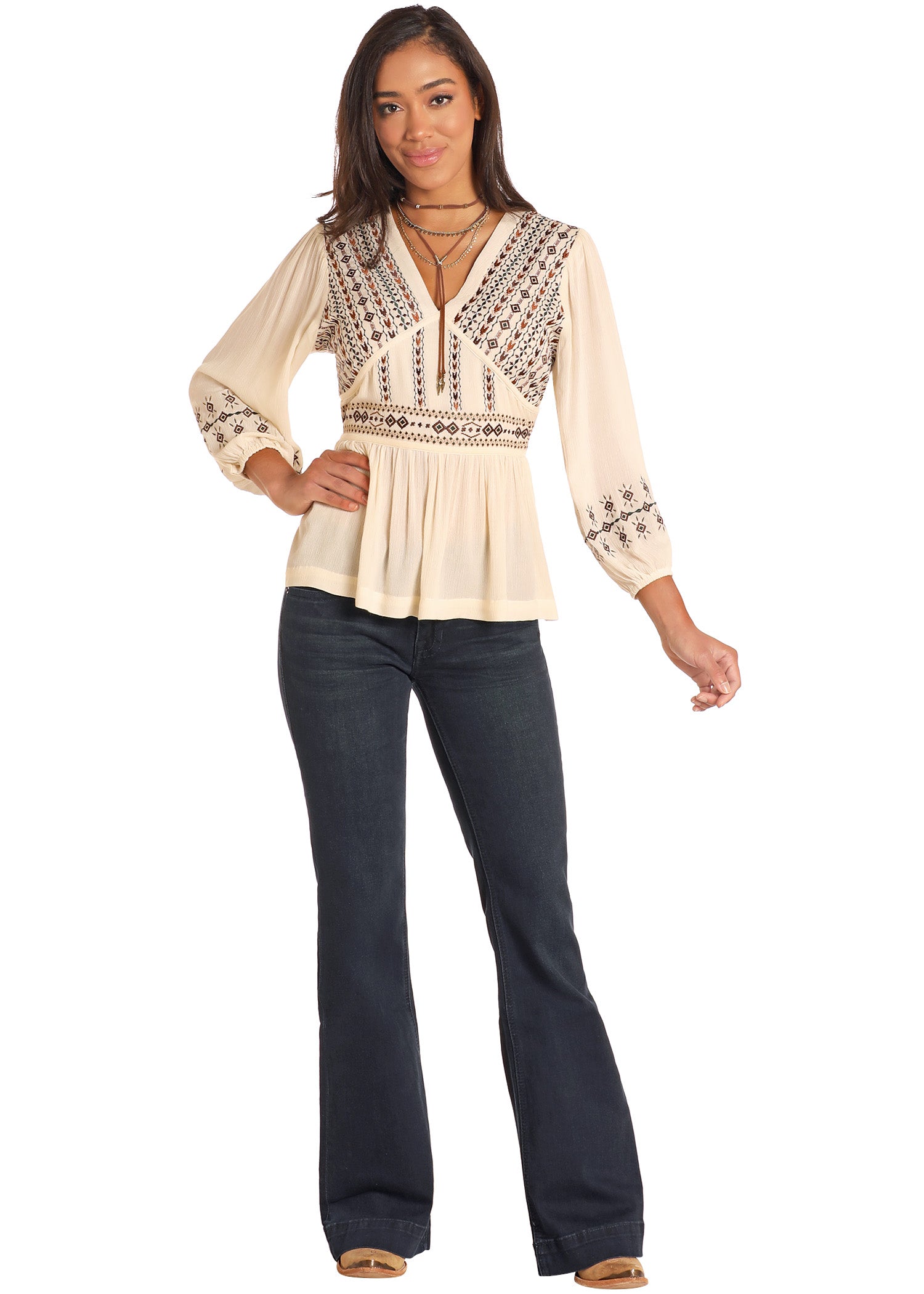 4695 Rock & Roll Ladies Empire Waist Embroidered Top